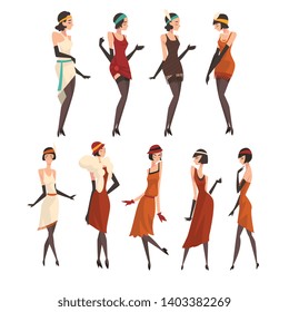 Elegant Women in Retro Dresses, Black Stockings and Gloves Set, Beautiful Flapper Girls of 1920s, Art Deco Style Vector Illustration