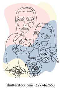 Elegant women s faces in one line art. Abstract contemporary collage with geometric shapes.