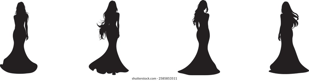 Elegant Women Silhouettes in Evening Gowns, Vector Illustration