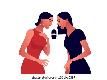 Elegant women singing in microphone. Beautiful women in party dress. Jazz or pop music. Vector illustartion. 