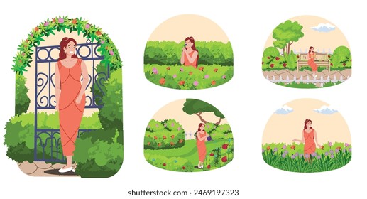 Elegant Women walks in garden with flowers. Women smelling flowers, walks in flower pit, reading books in garden, and watering plants and flowers.