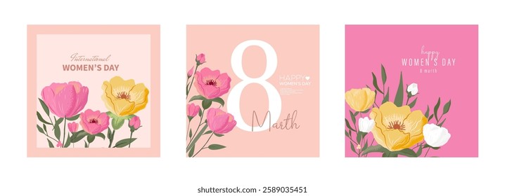 Elegant Women's Day card set with hand-drawn floral art. Trendy posters, web banners, and covers featuring wildflowers, roses, and tulip bouquets. Perfect for March 8, birthdays, and Mother’s Day.