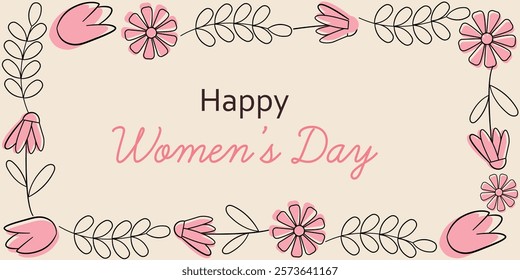 Tarjeta de felicitación elegante del día de la mujer con los bocetos florales y la caligrafía. Las delicadas obras de arte florales y la alegre tipografía crean un reconfortante diseño de celebración del Día de la Mujer.