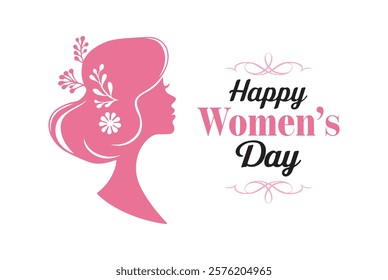 Elegant Women's Day Typography with Feminine Pink Silhouette. Women's Day, greeting card designs, Floral Head Design, and minimalist illustrations.