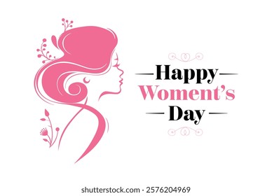 Elegant Women's Day Typography with Feminine Pink Silhouette. Women's Day, greeting card designs, Floral Head Design, and minimalist illustrations.