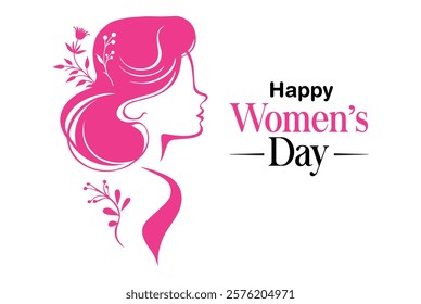 Elegant Women's Day Typography with Feminine Pink Silhouette. Women's Day, greeting card designs, Floral Head Design, and minimalist illustrations.