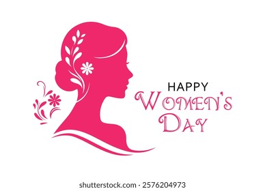 Elegant Women's Day Typography with Feminine Pink Silhouette. Women's Day, greeting card designs, Floral Head Design, and minimalist illustrations.