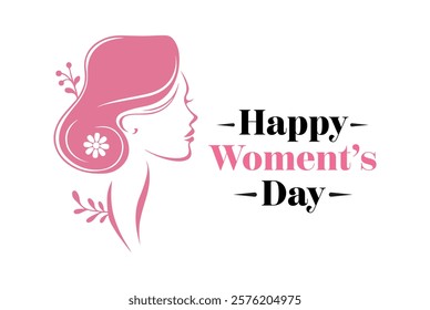 Elegant Women's Day Typography with Feminine Pink Silhouette. Women's Day, greeting card designs, Floral Head Design, and minimalist illustrations.