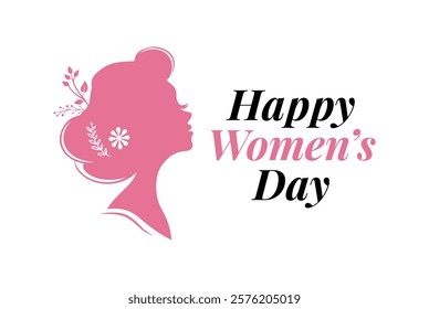 Elegant Women's Day Typography with Feminine Pink Silhouette. Women's Day, greeting card designs, Floral Head Design, and minimalist illustrations.