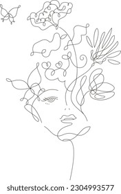 Elegant women's faces in one line art style with flowers.Continuous line art in minimalistic style. Beautiful female fashion face Vector illustration.