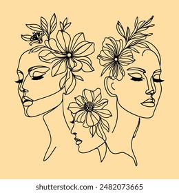 Elegant women's faces in one line art style with flowers.