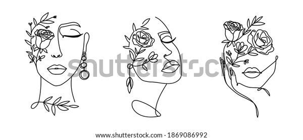 Elegant women\'s faces in one line art style\
with flowers.Continuous line art in minimalistic style for prints,\
tattoos, posters, textile, cards etc. Beautiful female fashion face\
Vector illustration