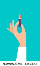 Elegant women's hand holds a lipstick. Beauty concept. Cosmetics products set. Isolated vector illustration flat design.