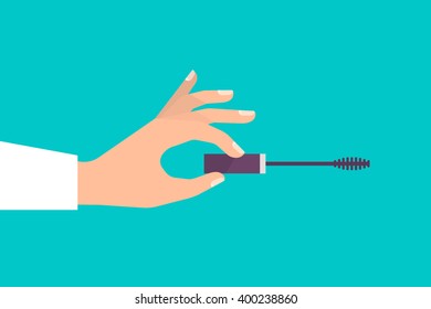 Elegant women's hand holds a mascara wand. Beauty concept. Cosmetics products set. Isolated vector illustration flat design.