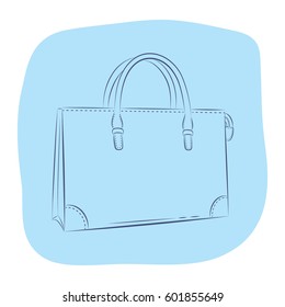 Elegant women's handbag. Fashion accessories. Contour object on a blue background. Vector sketch illustration in hand drawing style for your design. EPS10 format.