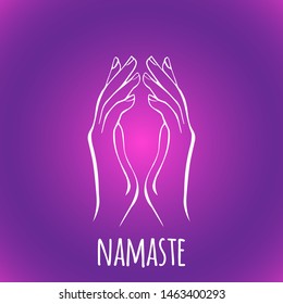 Elegant women's open hands in concept Namaste mudra. Gesture in yoga palms. Symbol in Buddhism and Hinduism. Distance, empty space between hands. Ritualistic Indian greeting on colored background.