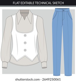 Elegant Women's Outfit Flat Illustration Blouse, Waistcoat and pant