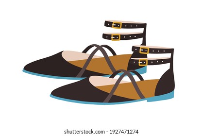 Elegant women's sandals with closed pointed toe, counter and buckled ankle straps. Summer fashion strappy footwear or shoes. Colored flat vector illustration isolated on white background