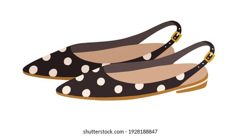 Elegant women's sandals with closed pointed toe and buckled ankle straps. Summer fashion footwear or shoes with polka dot pattern. Colored flat vector illustration isolated on white background