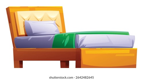 Elegante cama de madeira com uma cabeceira alta, colchão e cobertor, para um quarto luxuoso. Ilustração de desenho animado vetorial