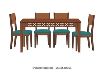 Elegant wooden dining table with four chairs and decorative design - Vector illustration