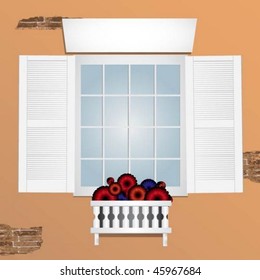 Elegant wooden shutters and window with flower box