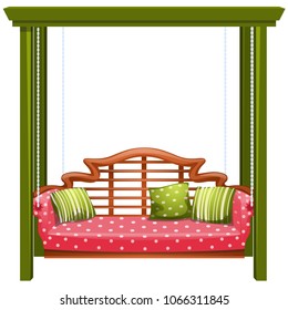 Elegant wooden swing in vintage style with soft pillows isolated on white background. Design elements of landscape design of the garden or parkland. Vector cartoon close-up illustration.