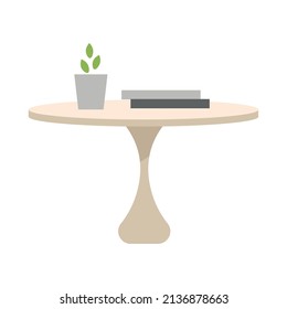 Elegant wooden table with houseplant and books semi flat color vector object. Full sized item on white. Cozy interior design simple cartoon style illustration for web graphic design and animation