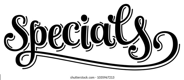 Elegant word Specials lettering and calligraphy cursive with swashes and long tail and swashes, vector illustration, logo good for menu or cafe design
