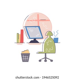 Elegant workplace with computer and trash bin near window vector illustration done with lines and colors isolated on white