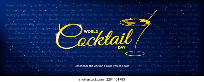 Elegant World Cocktail Day Typography Design in gold with cocktail glass design. Experience the world in a glass with cocktails. 200 Names of Cocktails on dark blue gradient wall background. Vector.