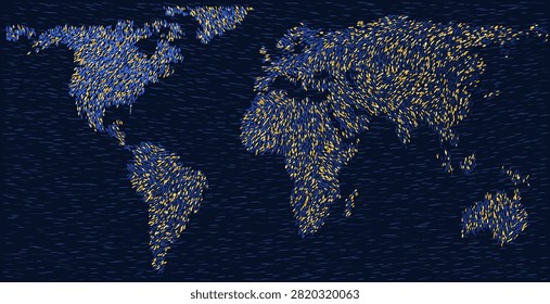 Elegant world map illustration made of flowing wind-swept brush strokes in navy blue and gold on a dark night sky background