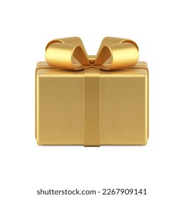 Elegant wrapped gift box festive golden metallic decor element 3d icon realistic vector illustration. Premium present surprise container package holiday congratulations decorative design isometric