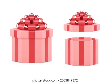 Elegant wrapped pink polygonal gift box decorated by luxury red glossy bow ribbon 3d blank realistic vector illustration. Cute birthday present cardboard storage for girl or woman design isolated