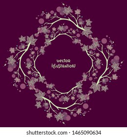 Elegant wreath with branches on dark violet background. Abstract vector illustration. Design for invitations, greeting cards, season decorations.