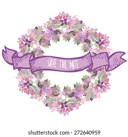 Elegant wreath with decorative lilac flowers, design element. Can be used for wedding, baby shower, mothers day, valentines day, birthday cards, invitations. Vintage decorative flowers.