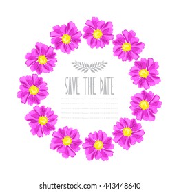 Elegant wreath with decorative pink zinnia flowers, design element. Can be used for wedding, baby shower, mothers day, valentines day, birthday cards, invitations. Vintage decorative flowers.