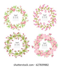 Elegant wreaths with decorative cherry blossom flowers, design element. Can be used for wedding, baby shower, mothers day, valentines day, birthday cards, invitations. Vintage decorative flowers