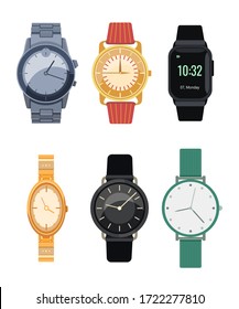 Elegante colección de iconos planos de relojes de pulsera. Relojes digitales aislados para ilustraciones vectoriales de hombres y mujeres. Relojes aislados con pulseras. Concepto de moda y tiempo