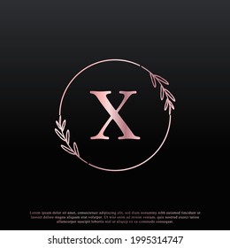 Elegant X Letter Circle Floral Logo with Creative Elegant Leaf Monogram Branch Line and Pink Black Color. Usable for Business, Fashion, Cosmetics, Spa, Science, Medical and Nature Logos.