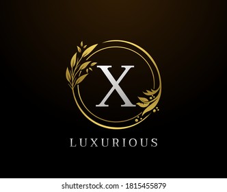 Elegant X Letter Floral Design. Circle Luxury X Gold Logo Icon.