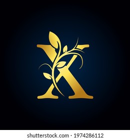 Elegant X Luxury Logo. Golden Floral Alphabet Logo with Flowers Leaves. Perfect for Fashion, Jewelry, Beauty Salon, Cosmetics, Spa, Boutique, Wedding, Letter Stamp, Hotel and Restaurant Logo.