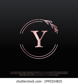Elegant Y Letter Circle Floral Logo with Creative Elegant Leaf Monogram Branch Line and Pink Black Color. Usable for Business, Fashion, Cosmetics, Spa, Science, Medical and Nature Logos.