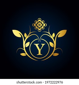 Elegant Y Luxury Logo. Golden Floral Alphabet Logo with Flowers Leaves. Perfect for Fashion, Jewelry, Beauty Salon, Cosmetics, Spa, Boutique, Wedding, Letter Stamp, Hotel and Restaurant Logo.