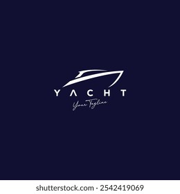 Diseño elegante del logotipo del yate en estilo minimalista en la Ilustración vectorial oscura del fondo