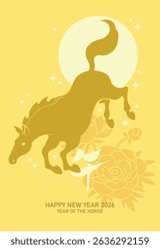  Elegant year of the horse card with peonies pattern. Zodiac horse silhouette shape on floral background. Chinese text translation: "Horse"(zodiac).