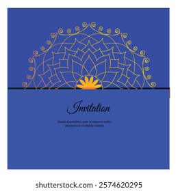 "Elegant Yellow and blue  Mandela Design ,invitation ,with Radiant Patterns and Symmetrical Details