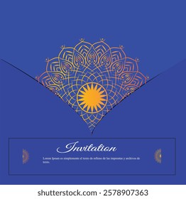 Elegant Yellow and blue Mandela Design ,invitation ,with Radiant Patterns and Symmetrical Details