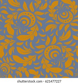 Elegant yellow and blue seamless pattern with doodle and Mandala elements. Nice vector hand-drawn illustration.