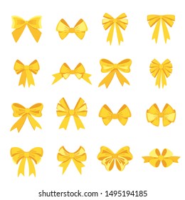 Elegant yellow bows from a wide ribbon. Decor for greeting cards for birthday, christmas, new year. Gifts on sale, prize to winner. Surprises for holidays and packing presents. Flat illustration.